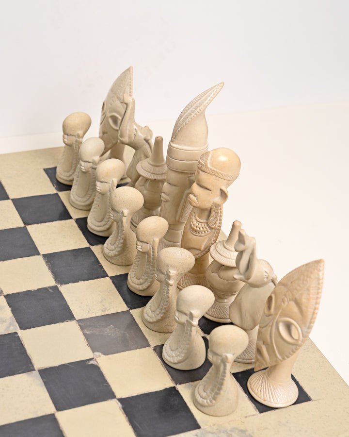 Hand-carved African soapstone chess set with tribal motif pieces — Kenyan artisan gift