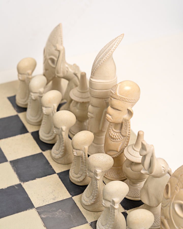 Hand-carved African soapstone chess set with tribal motif pieces — Kenyan artisan gift
