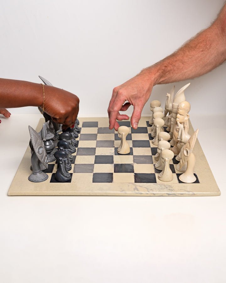 Hand-carved African soapstone chess set with tribal motif pieces — Kenyan artisan gift