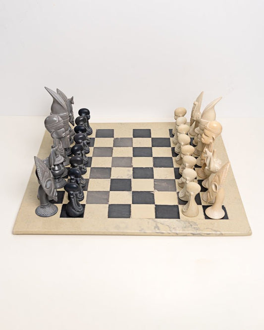 Hand-carved African soapstone chess set with tribal motif pieces — Kenyan artisan gift