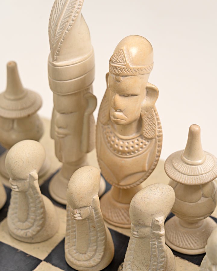 Hand-carved African soapstone chess set with tribal motif pieces — Kenyan artisan gift