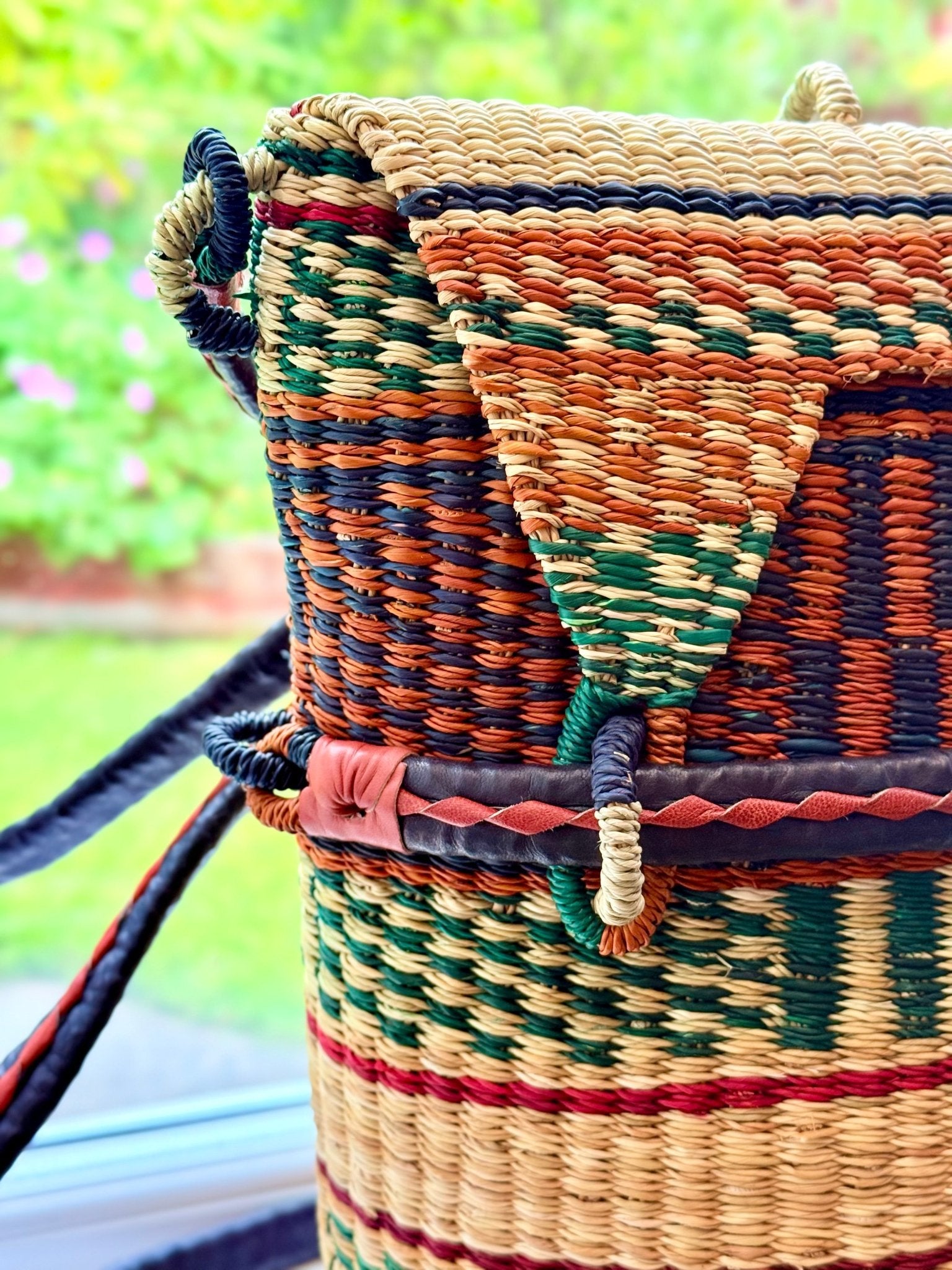 Hand-woven Bolga rucksack — ethical African straw backpack, Ghanaian artisan craftsmanship