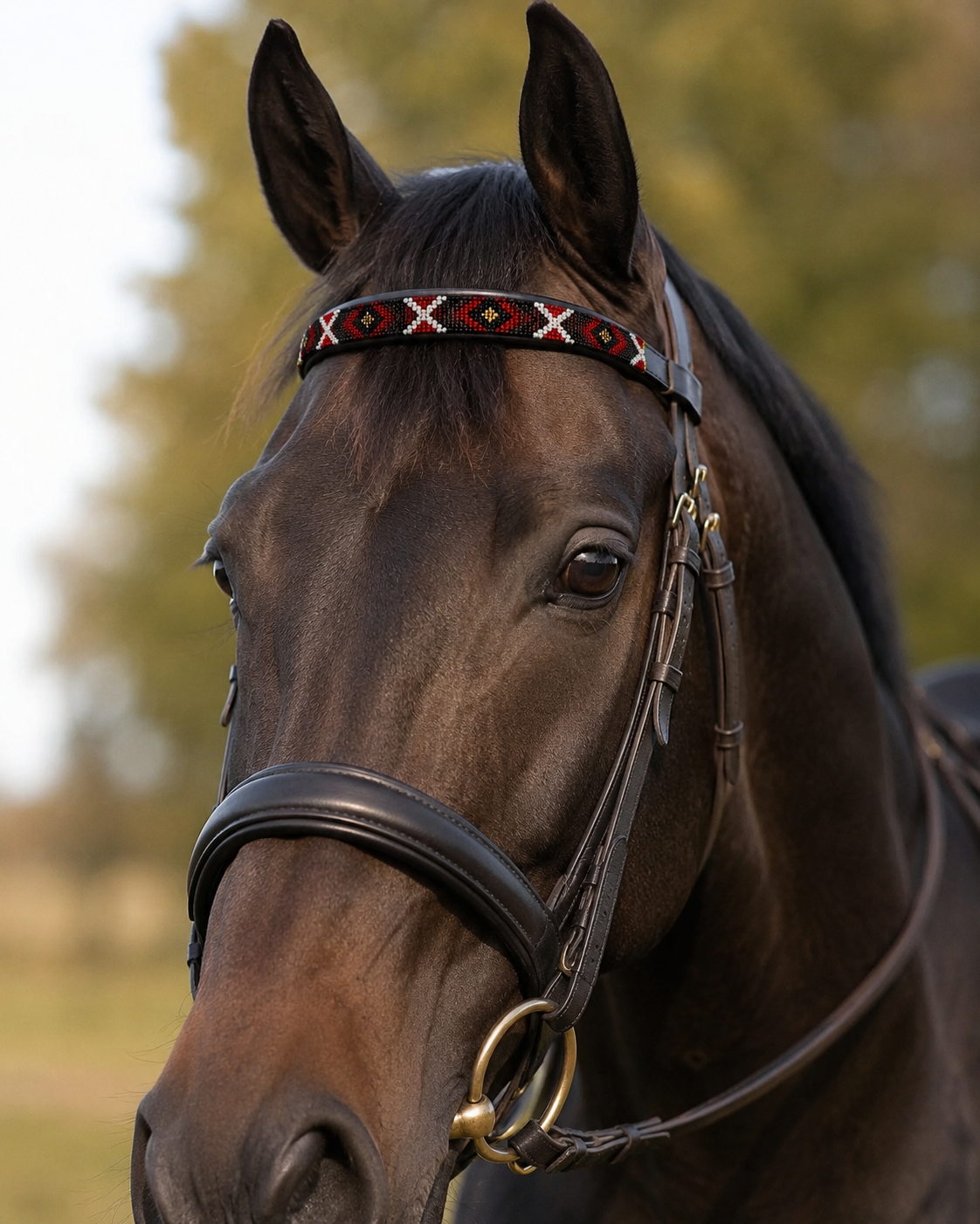 Genuine leather equestrian browband with Maasai bead design