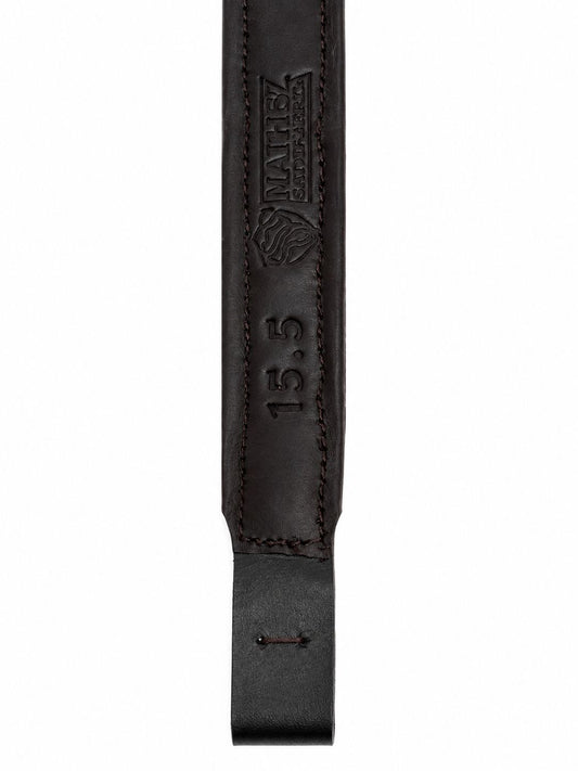 Back view of handmade leather horse browband with stamped leather detail and 15.5 inch sizing
