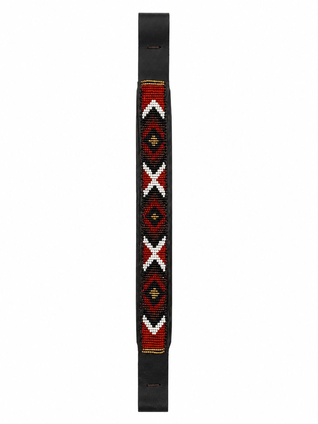 Handmade Maasai beaded horse browband in genuine black leather with red, black and white beadwork – 15.5 inch