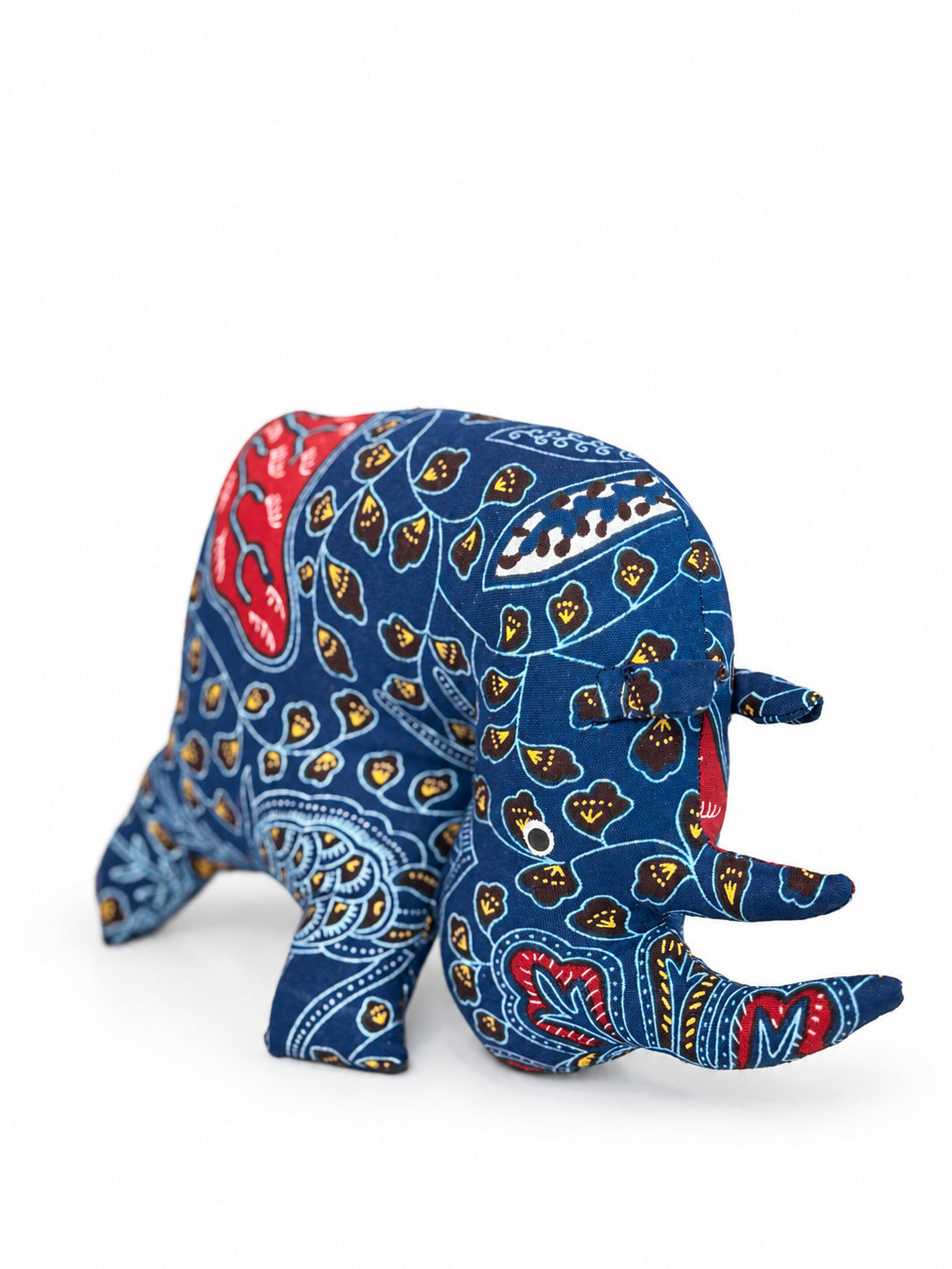 Navy blue African print rhino decoration, handmade in Ghana from Ankara cotton