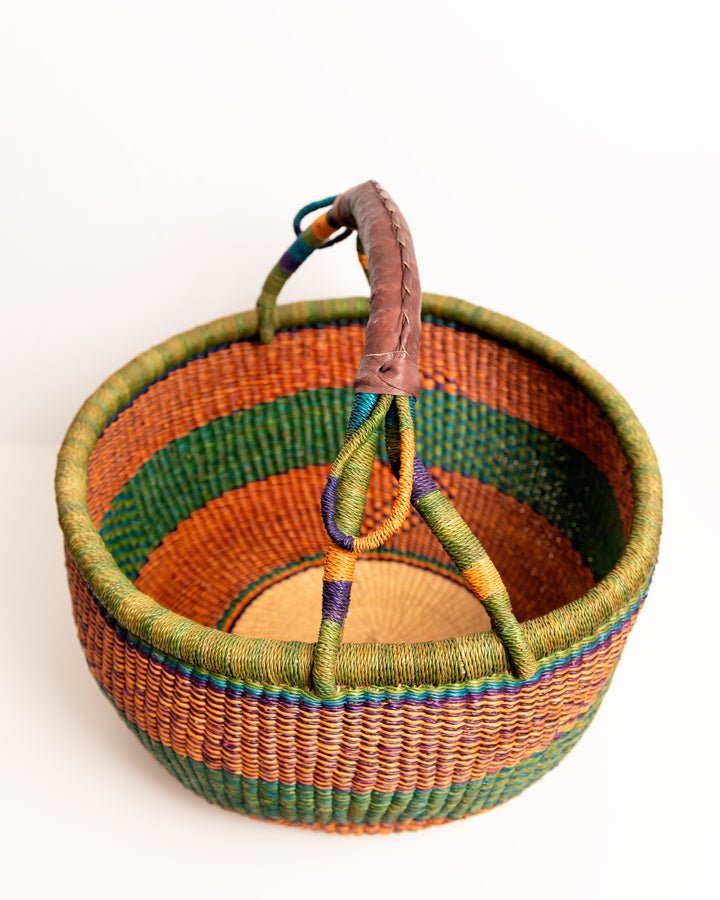 Obaa Sima hand-woven round basket — Perfect Woman, vibrant ethical Ghanaian artisan basket