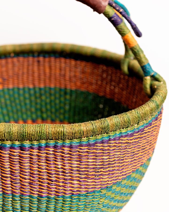 Obaa Sima hand-woven round basket — Perfect Woman, vibrant ethical Ghanaian artisan basket