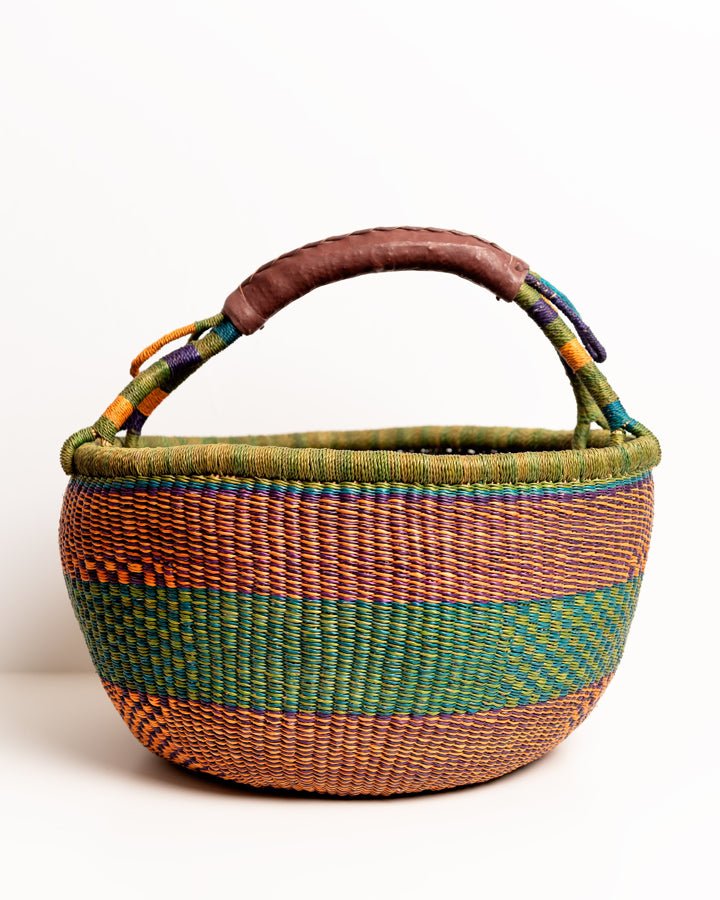 Obaa Sima hand-woven round basket — Perfect Woman, vibrant ethical Ghanaian artisan basket