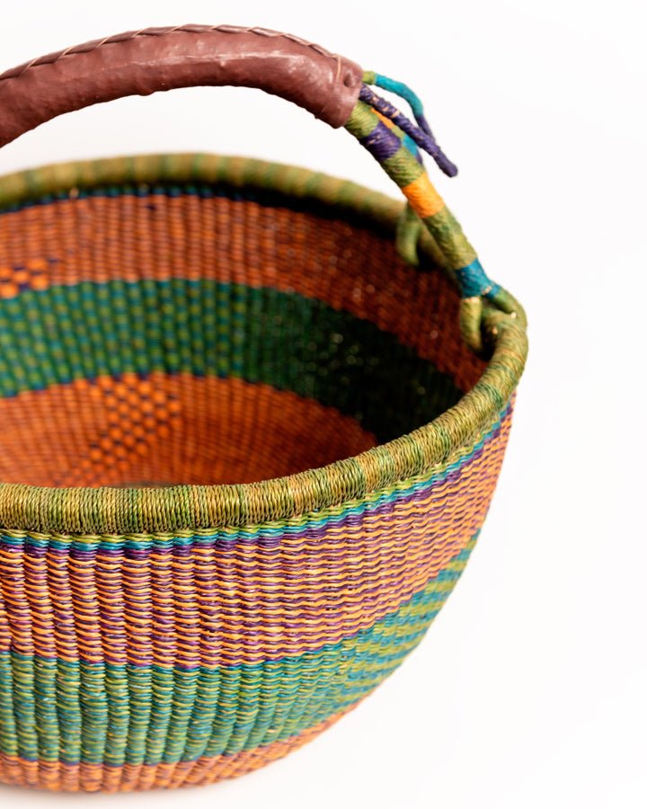 Obaa Sima hand-woven round basket — Perfect Woman, vibrant ethical Ghanaian artisan basket