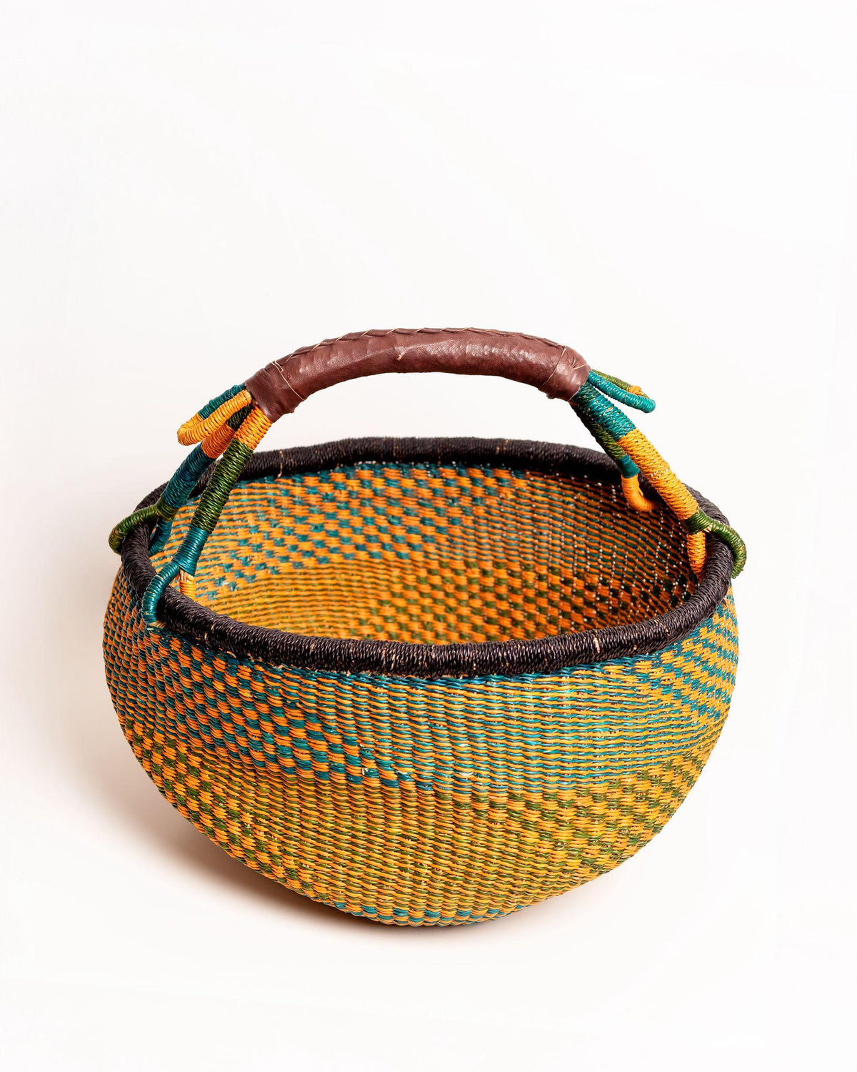 Obaa Sima hand-woven round basket — Woman of Substance, vibrant ethical Ghanaian artisan basket