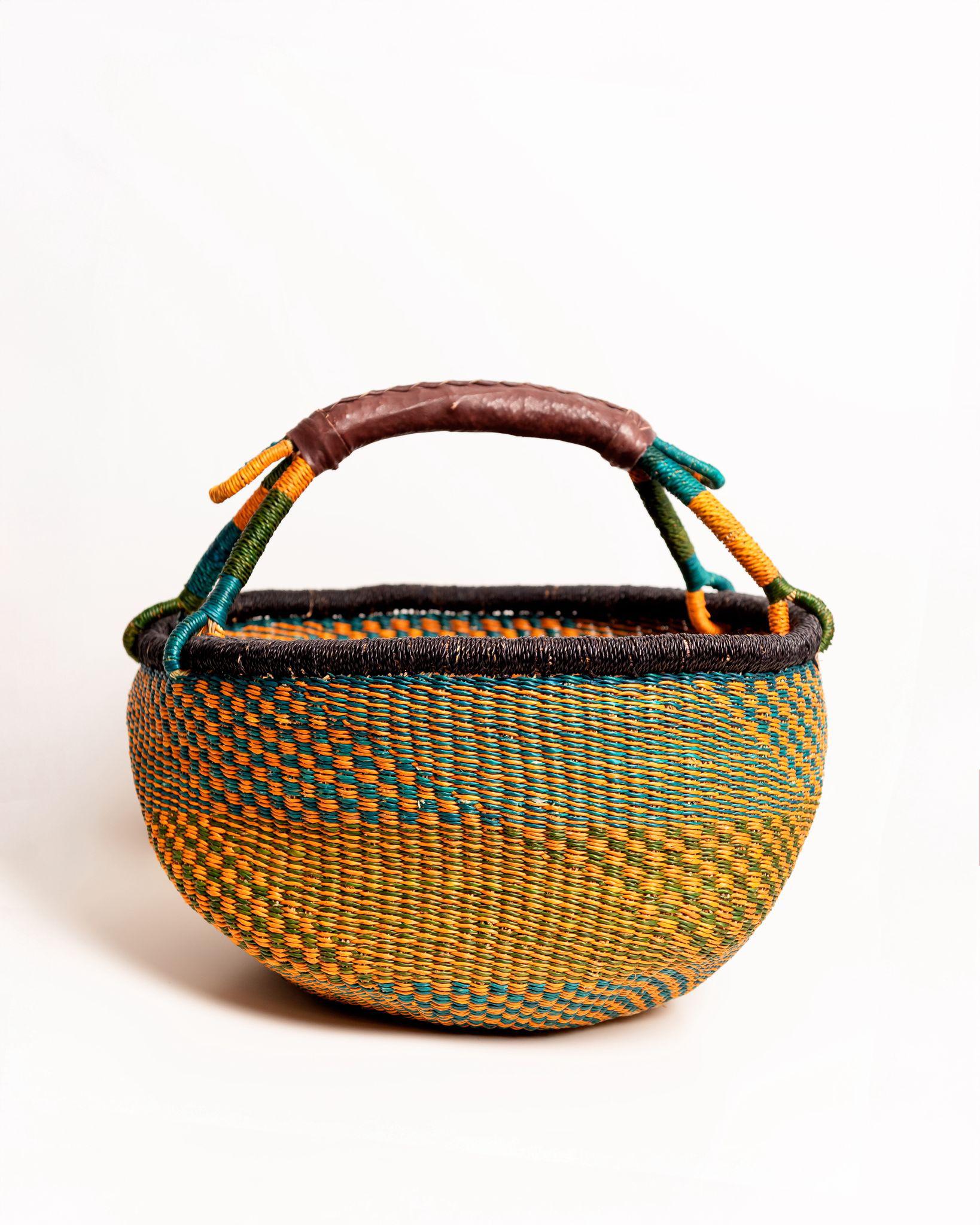 Obaa Sima hand-woven round basket — Woman of Substance, vibrant ethical Ghanaian artisan basket