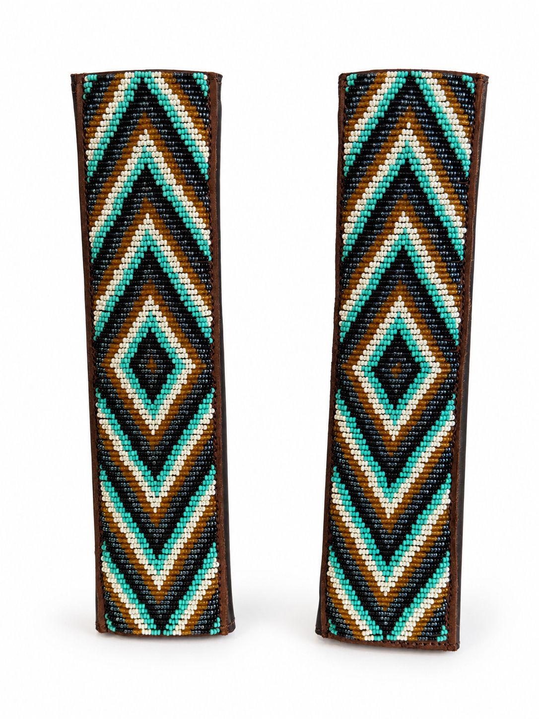 Two turquoise and gold beaded seat belt covers at an angle, handmade in Kenya