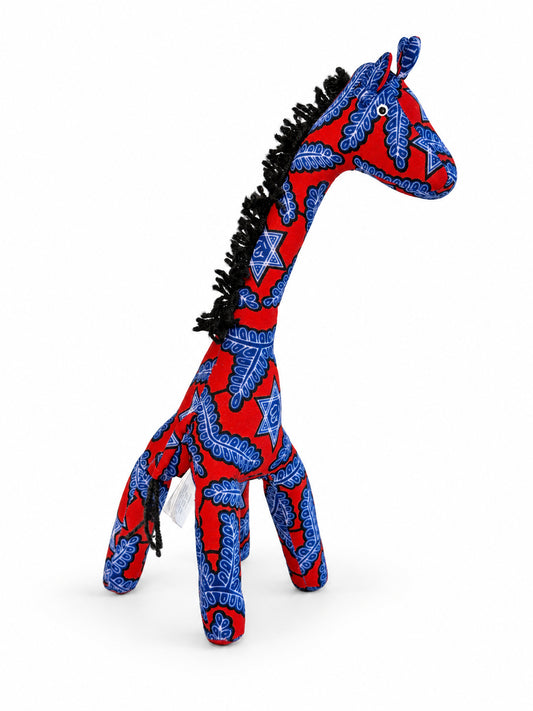 Red and blue African print giraffe decoration with black yarn mane, side view, handmade in Ghana