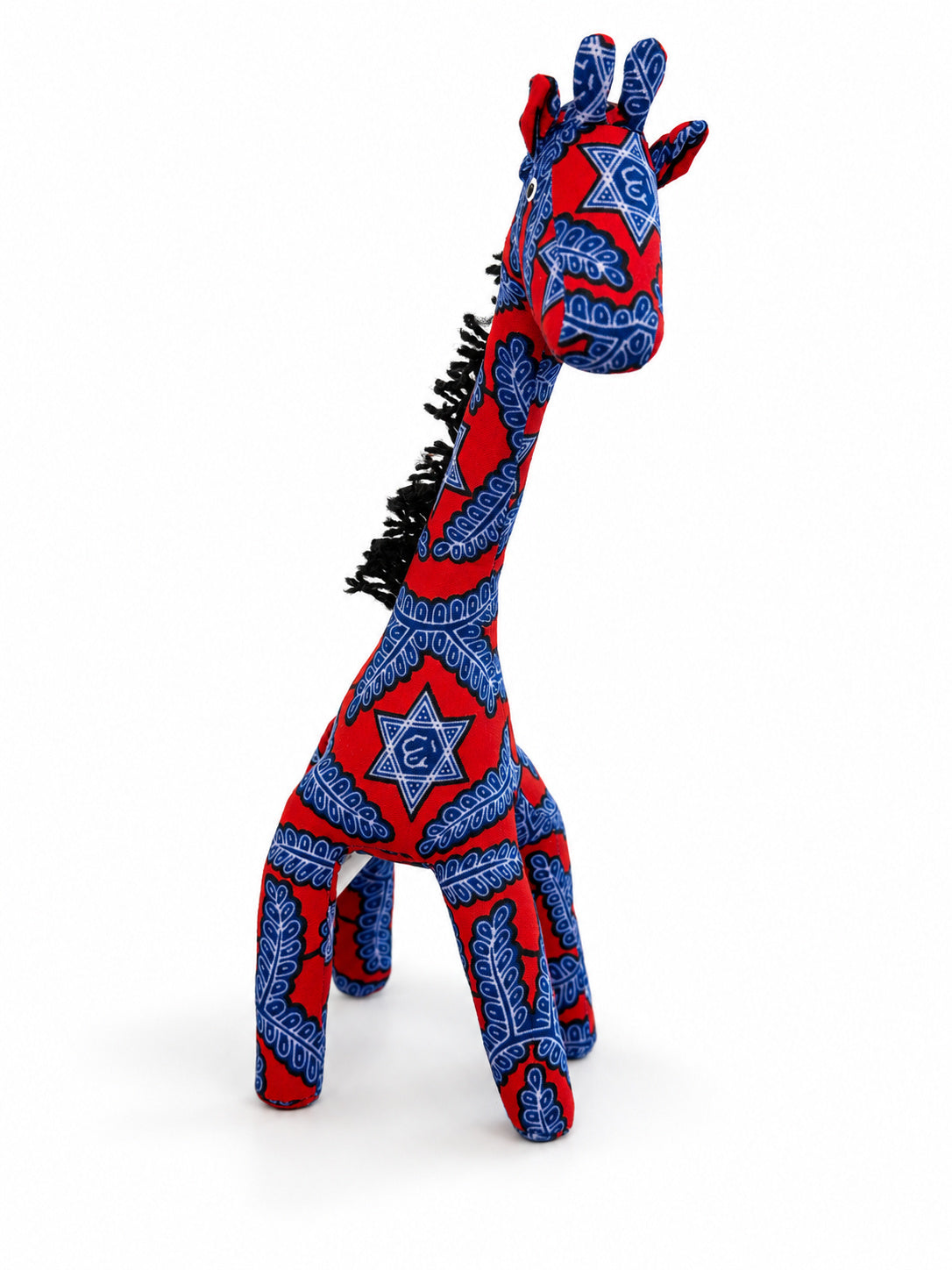 Red and blue fabric giraffe decoration, front three-quarter view showing stitched ears