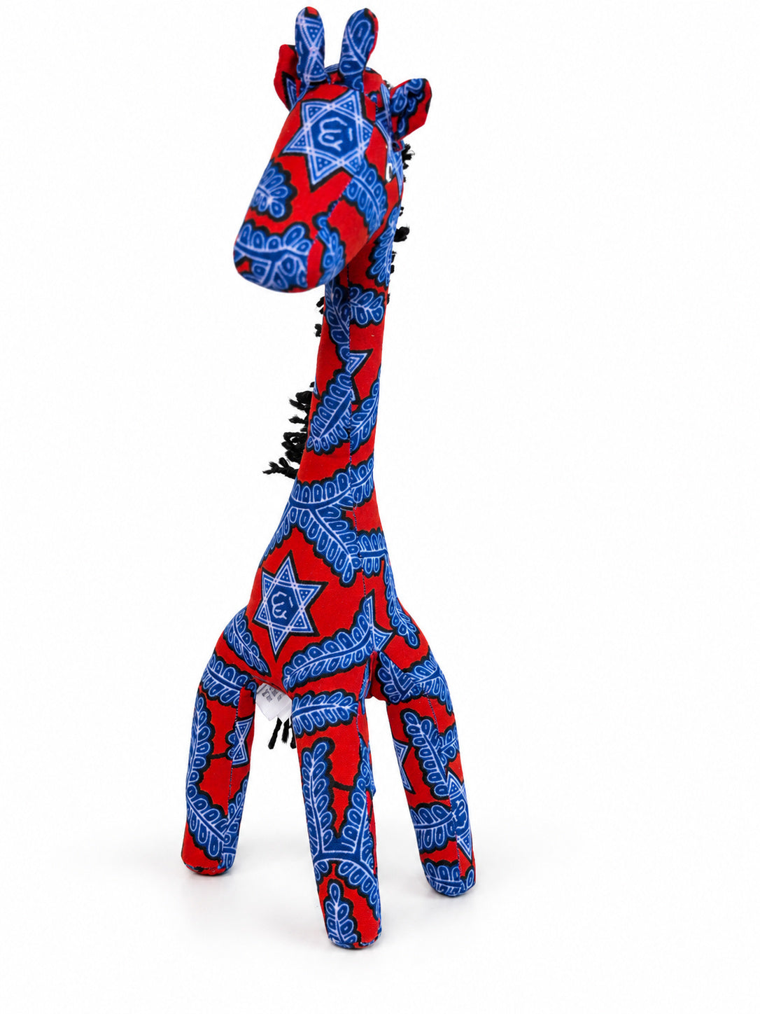 Red and blue African print giraffe decoration, front view showing ears and patterned face