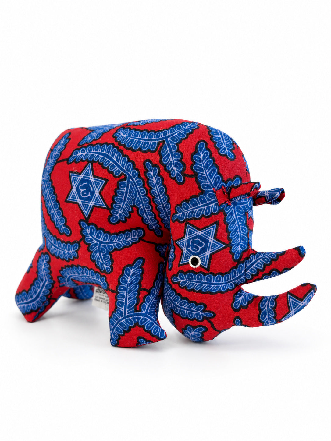 Red and blue African print rhino decoration with leaf and star pattern, handmade in Ghana