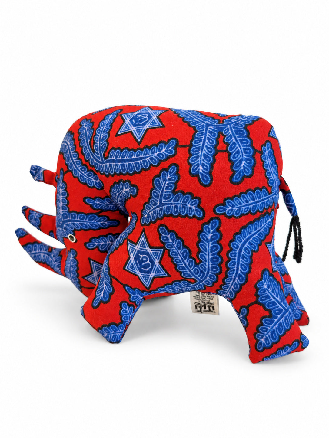 Red and blue fabric rhino shelf decoration in African print, handmade in Ghana
