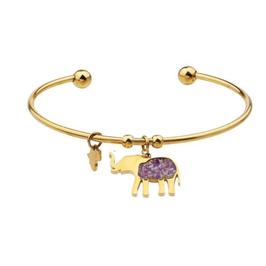 Gold-plated open cuff elephant bangle with an elephant charm set with purple imperial jasper stone chips and a small Africa-shaped charm, on a plain white background.