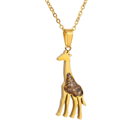 Gold-plated giraffe pendant necklace with a jasper inlay on a gold chain, on a plain white background.