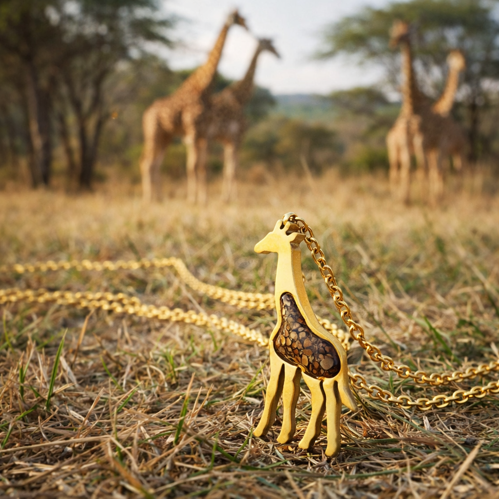Safari Njema gold-plated giraffe pendant necklace with jasper inlay resting on dry grass, with giraffes on the African savanna in the background.