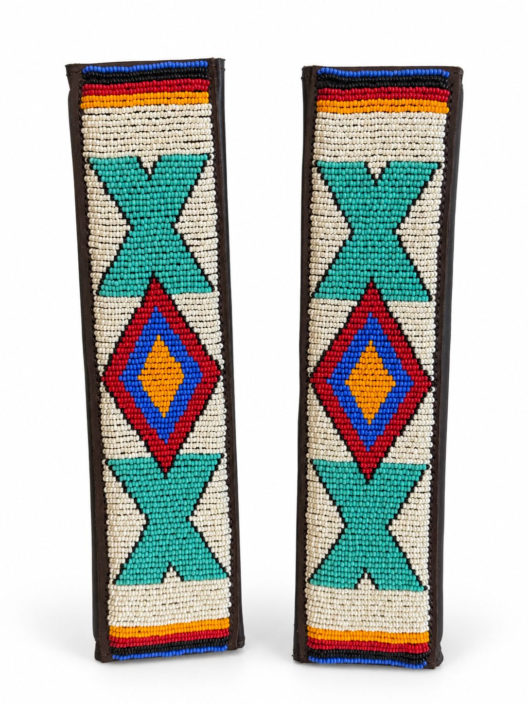Pair of cream and turquoise Maasai beaded seat belt covers, 2 for £90