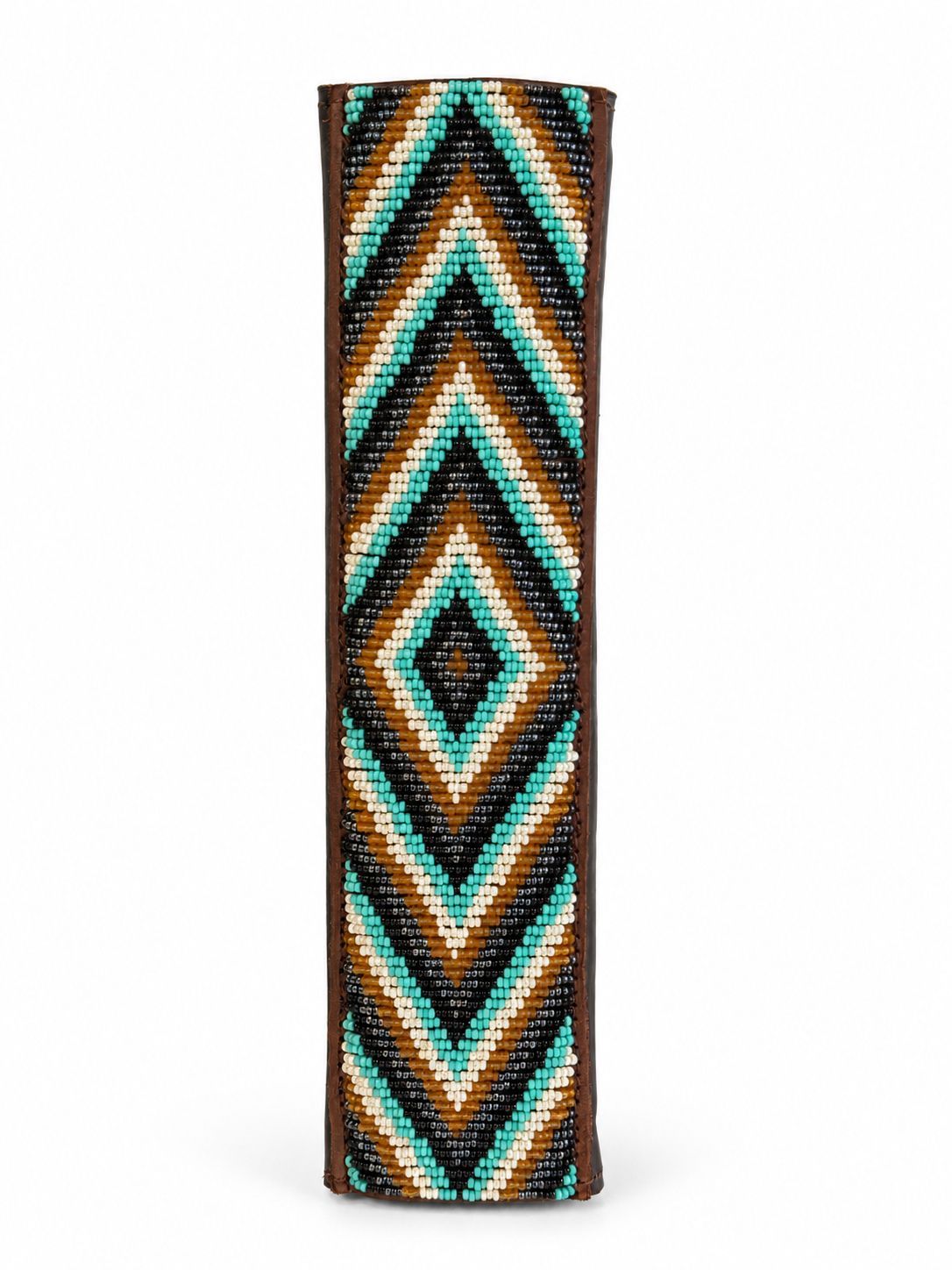 Front view of a turquoise and gold beaded seat belt cover showing the brown leather edging