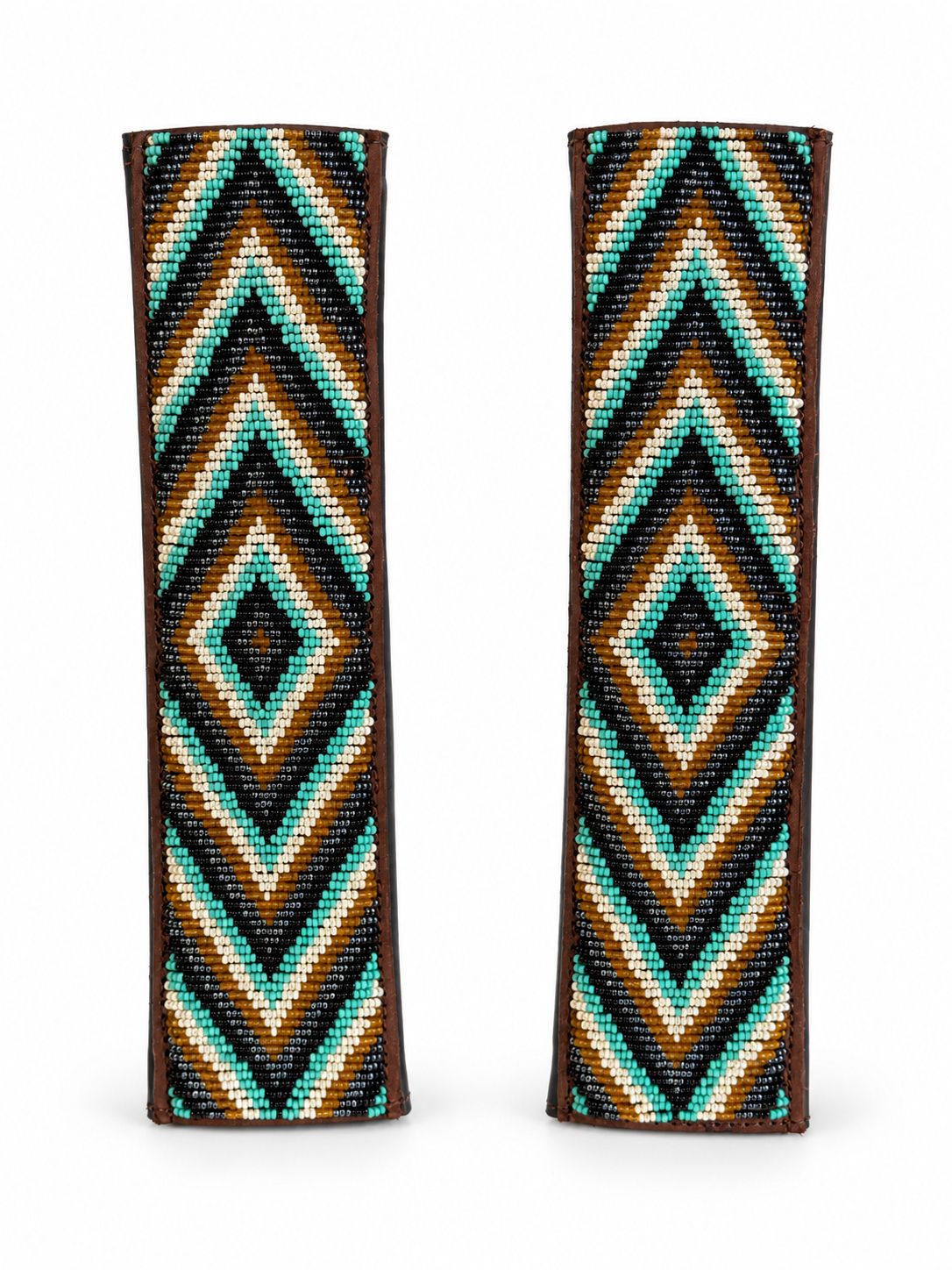 Pair of turquoise and gold Maasai beaded seat belt covers, 2 for £90