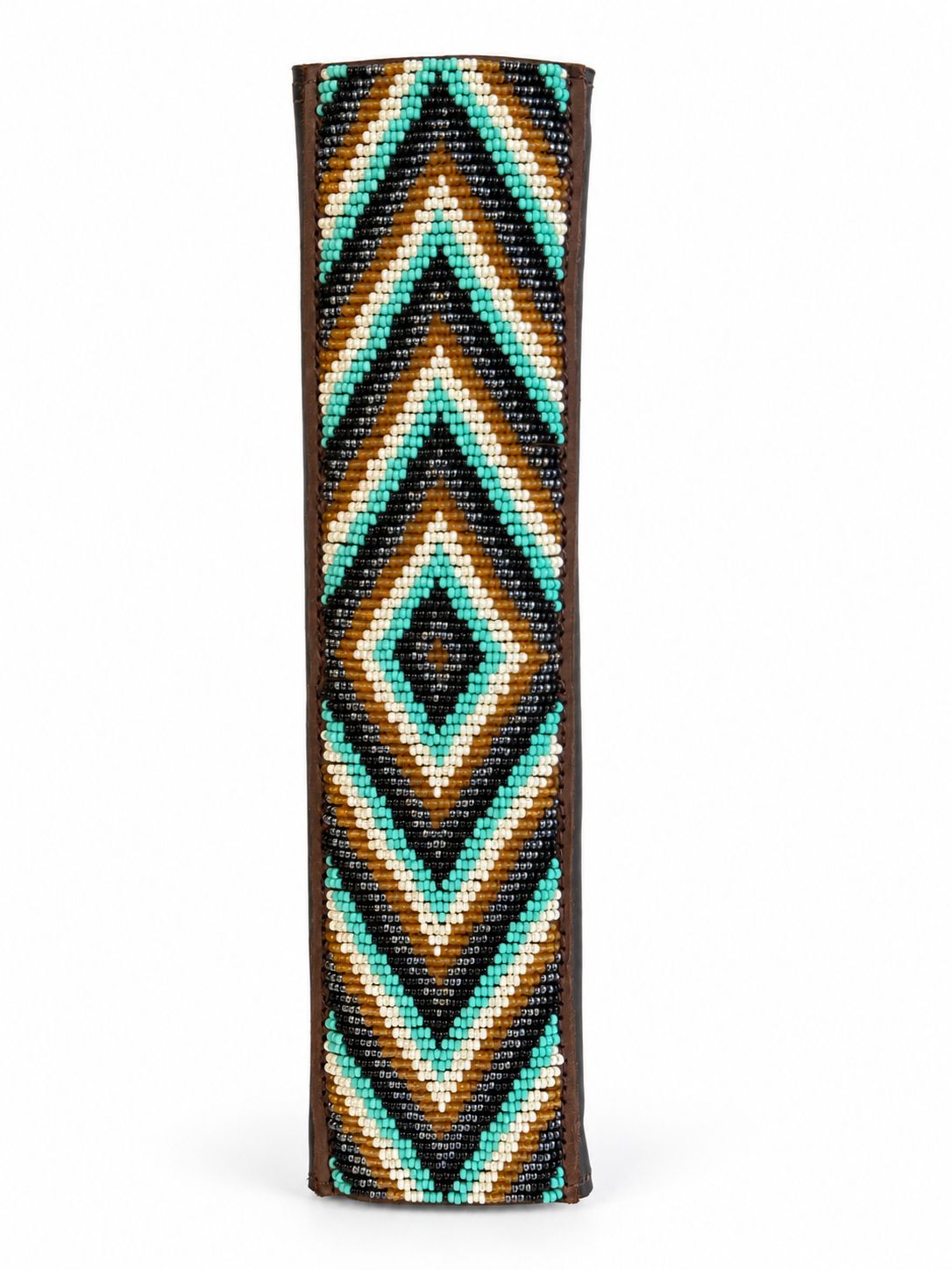Turquoise and gold Maasai beaded seat belt cover with a bold diamond pattern, handmade in Kenya