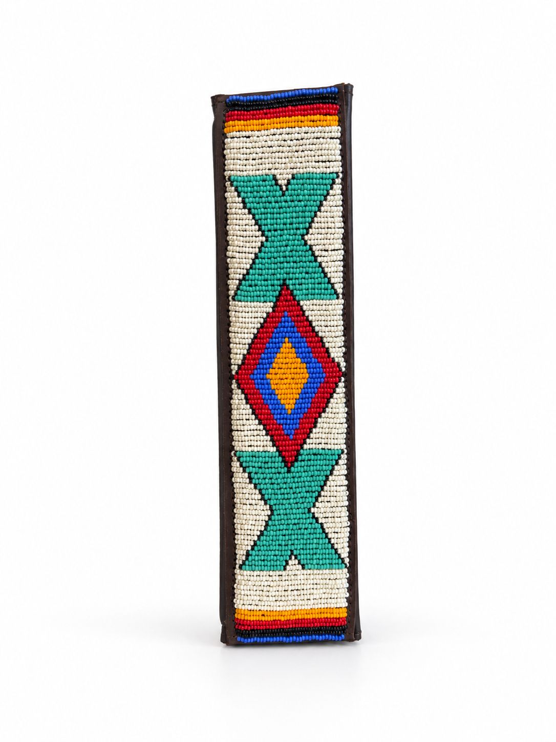 Cream and turquoise Maasai beaded seat belt cover with a red, blue and orange diamond, handmade in Kenya