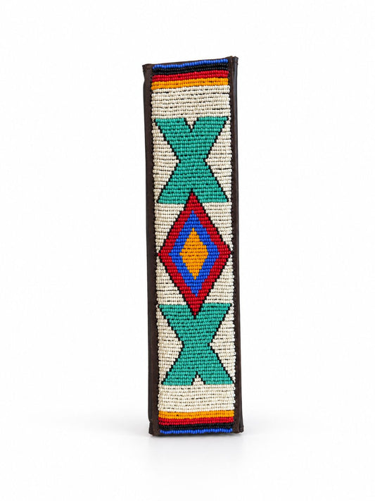 Cream and turquoise Maasai beaded seat belt cover with a red, blue and orange diamond, handmade in Kenya