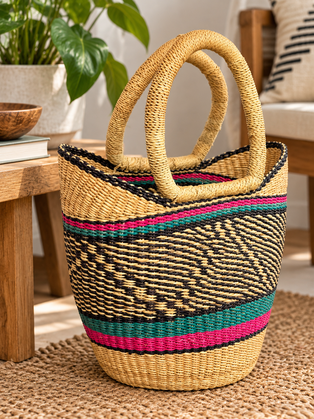 Fuchsia and teal vegan Bolga basket styled on a jute rug beside a plant
