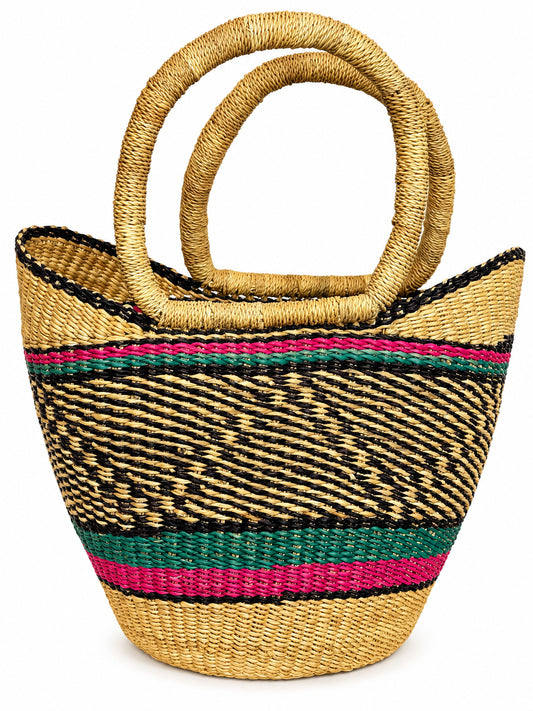 Vegan Bolga basket, handwoven elephant grass with fuchsia, teal and black zigzag pattern, Ghana