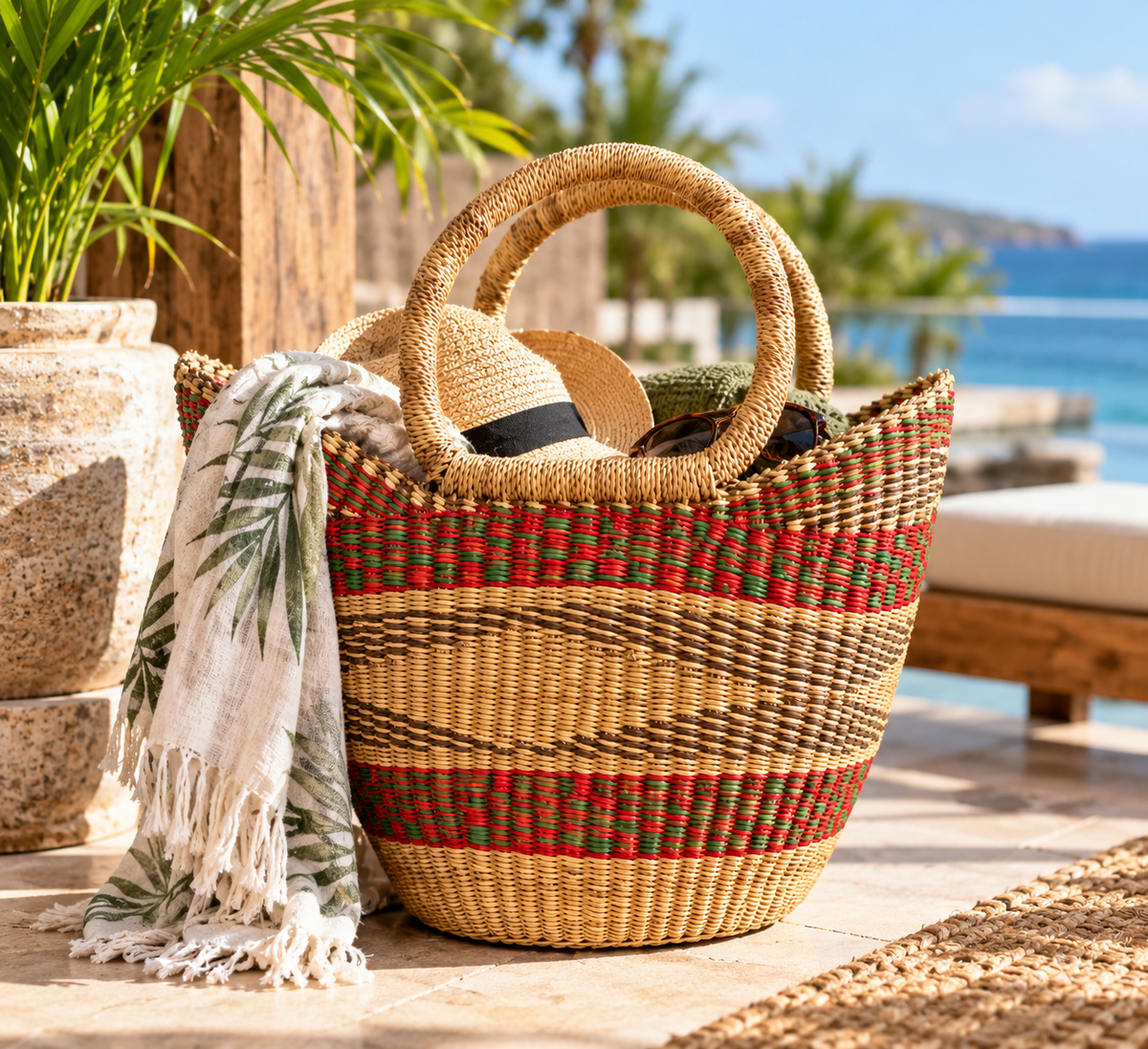 Red and green vegan Bolga basket used as a beach bag, holding a sun hat and towel by the sea