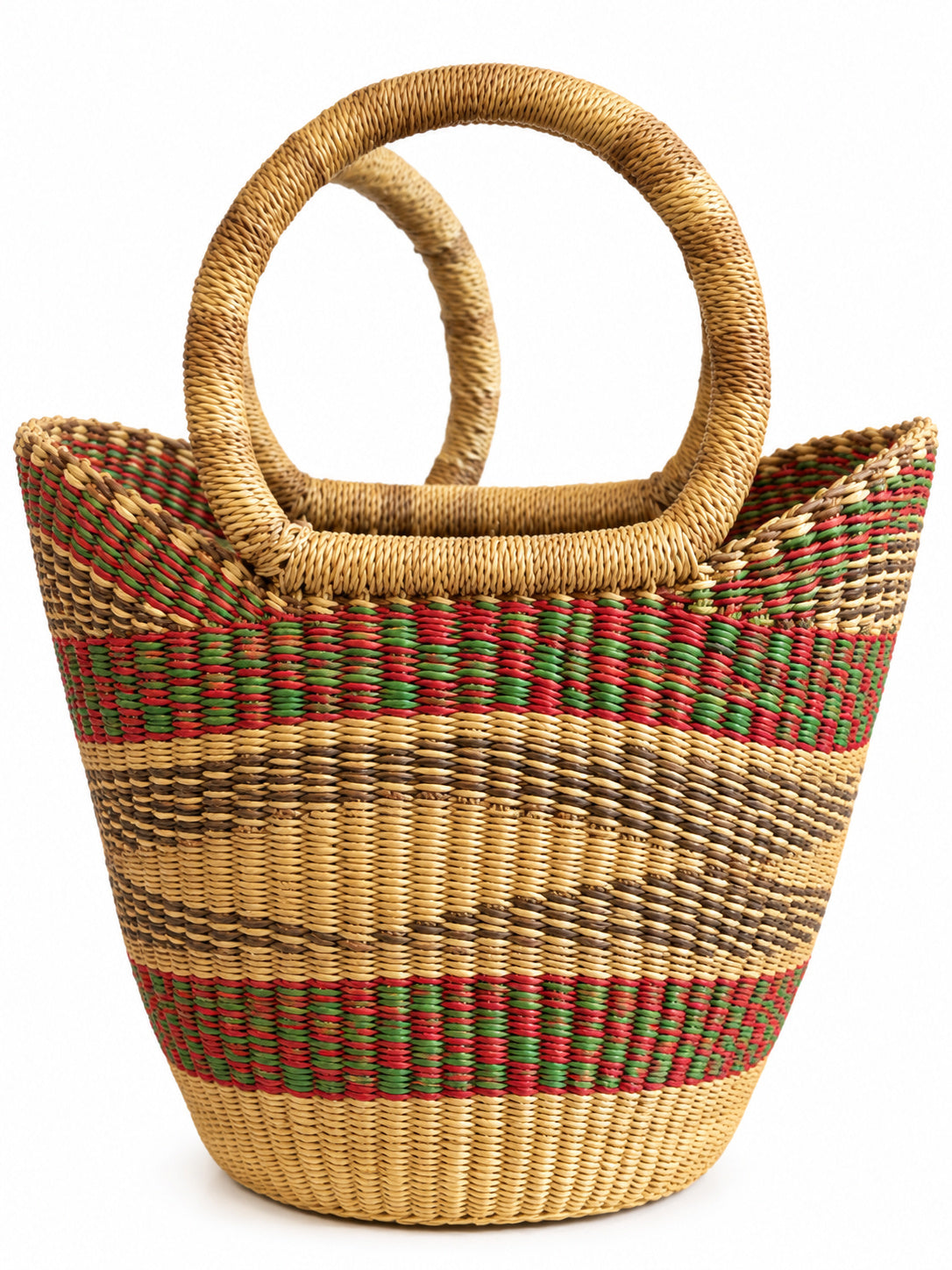 Vegan Bolga basket, handwoven elephant grass with red, green and brown stripes, Ghana